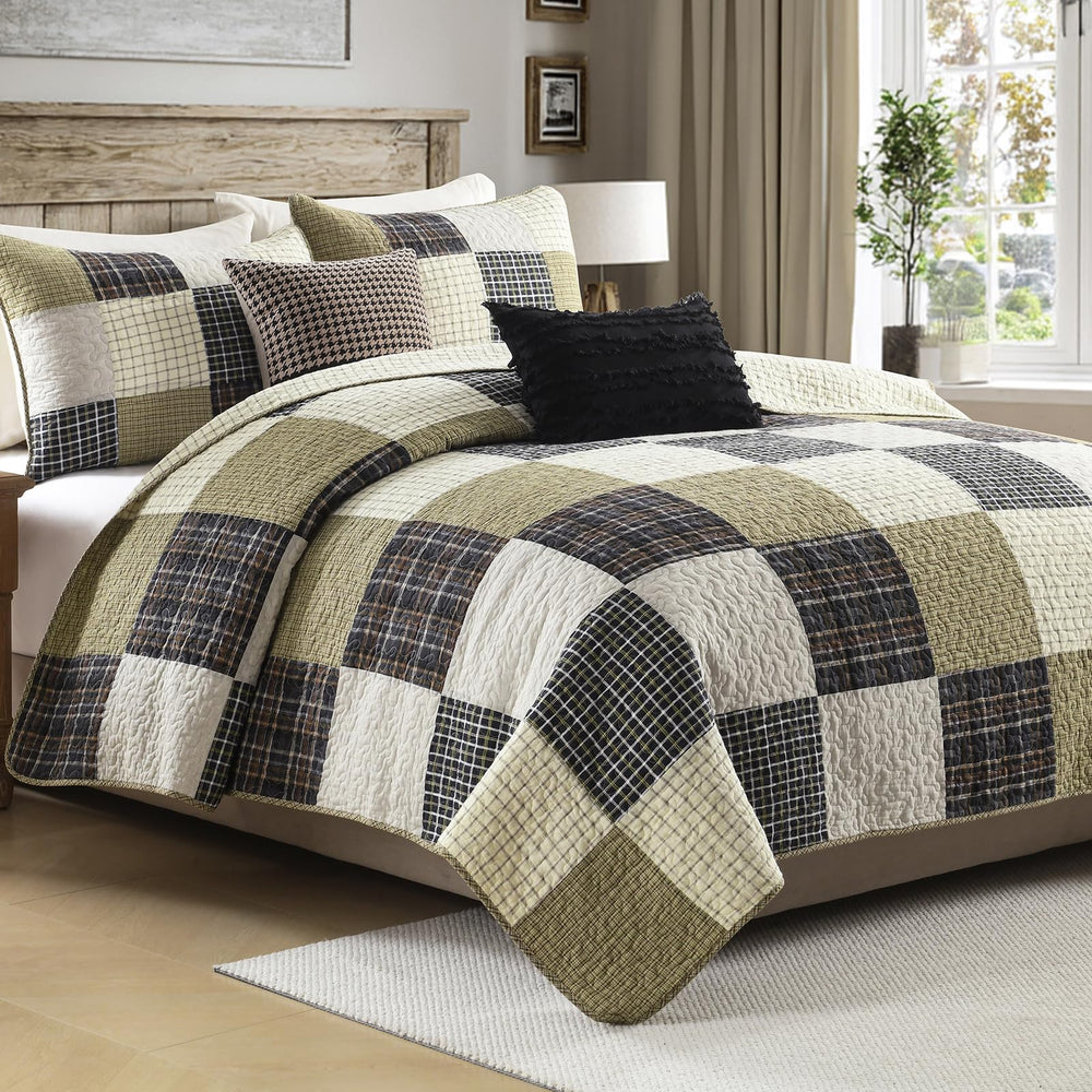 Cotton Quilt Set – Patchwork Plaid Bedding | Queen & King | 5 Pieces