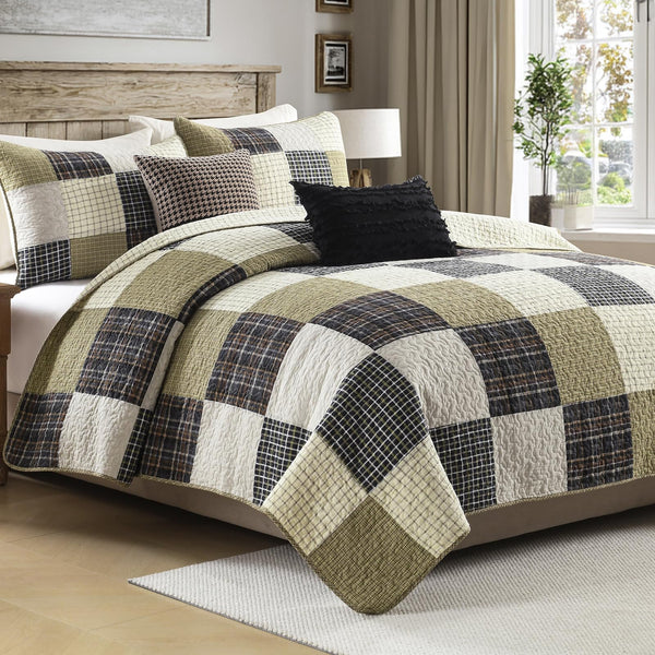 Cotton Quilt Set – Patchwork Plaid Bedding | Queen & King | 5 Pieces