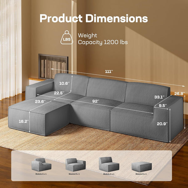 111" L-Shaped Modular Sectional Sofa – Grey Corduroy