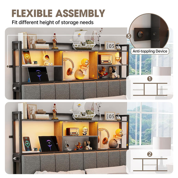 Upholstered Headboard with Storage Shelves, USB Charging & LED Light