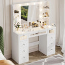 White Vanity Desk with Lighted Mirror, Glass Top & 9 Drawers