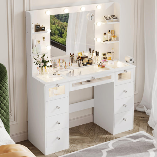 White Vanity Desk with Lighted Mirror, Glass Top & 9 Drawers