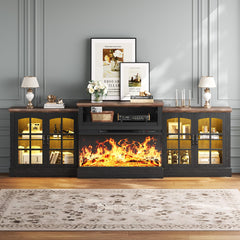 97" Farmhouse Fireplace TV Stand with 3-Sided Electric Fireplace & Storage Cabinets