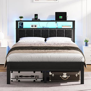 King Bed Frame with LED Lights & Charging Station