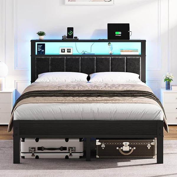 Queen Platform Bed Frame with LED Lights & Charging Station