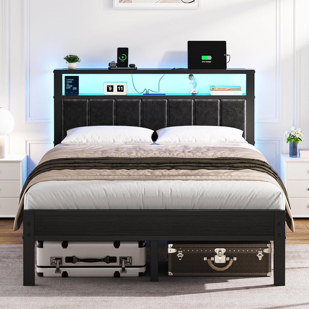 LED Platform Bed Frame with Storage Headboard & Charging Station
