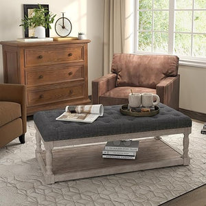 Rectangular Tufted Ottoman Coffee Table with Storage Shelf