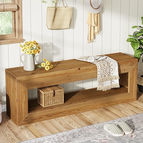 Solid Wood Entryway Bench with Storage Shelf