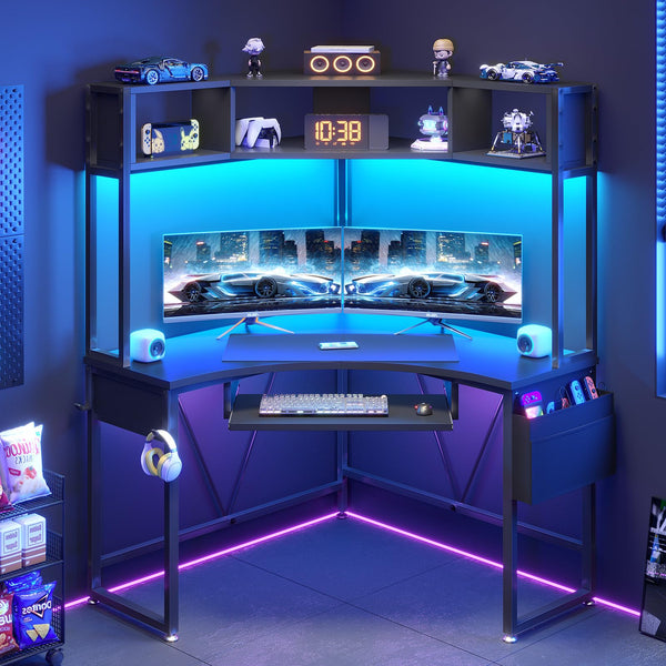 Corner Desk with LED Lights, Keyboard Tray & Storage
