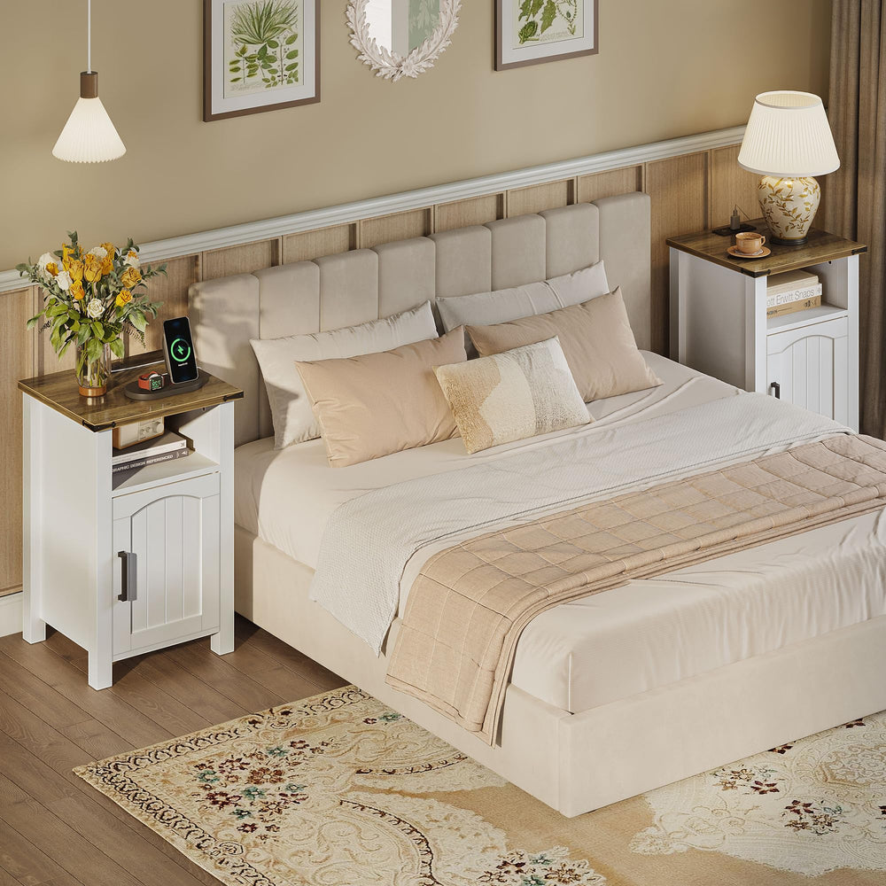 Farmhouse Nightstand Set of 2 with Charging Station & Storage