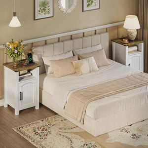 Farmhouse Nightstand Set of 2 with Charging Station & Storage