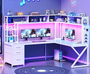 L-Shaped Gaming & Computer Desk with Storage, LED Lights & Power Outlet
