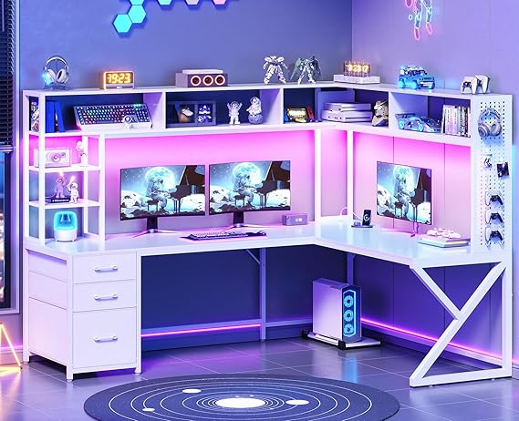 L-Shaped Gaming & Computer Desk with Storage, LED Lights & Power Outlet