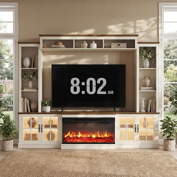 98" Farmhouse Entertainment Center with Fireplace, TV Stand & Barn Doors