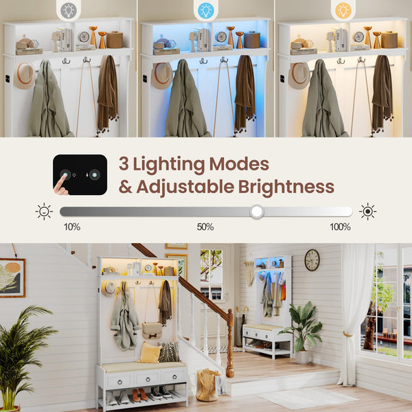 Farmhouse Hall Tree with LED Lights, Cushioned Bench & Shoe Storage