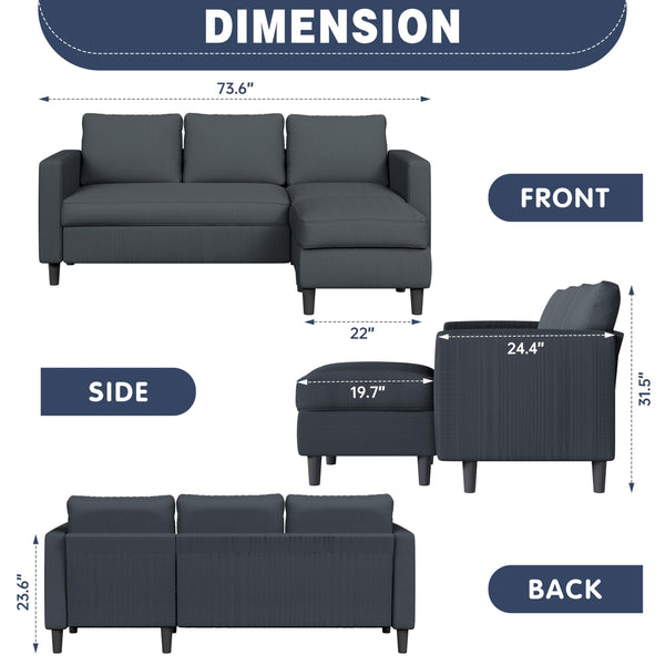 Shintenchi Modern Upholstered Sectional Sofa, L-Shaped Couch with Reversible Chaise for Living Room, New Corduroy Fabric