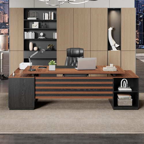 78-Inch L-Shaped Executive Desk with Power Outlet, Drawers & Storage Cabinet
