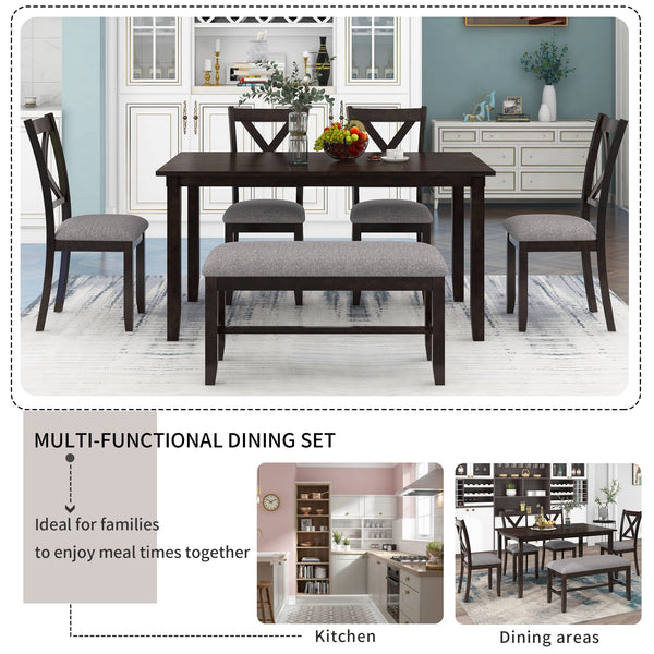 6-Piece Farmhouse Dining Table Set with Bench and Cushioned Chairs