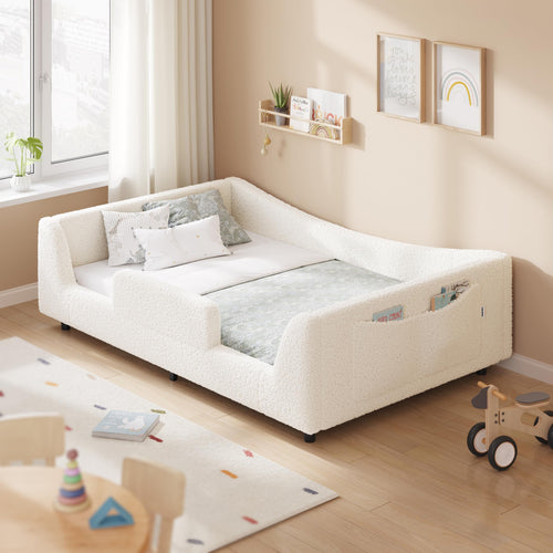 Low Profile Montessori Floor Bed with High Rails & Upholstered Teddy Frame