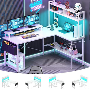 L-Shaped Gaming & Home Office Desk with Power Outlets, LED Lights & Monitor Stand