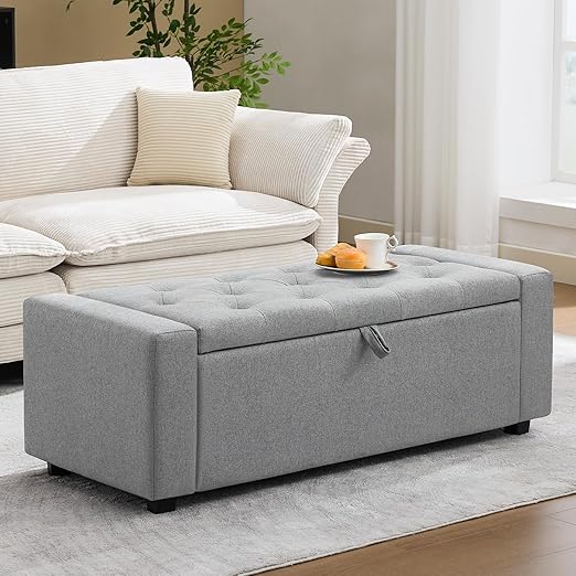 Tufted Storage Ottoman Bench with Dual Safety Hinges