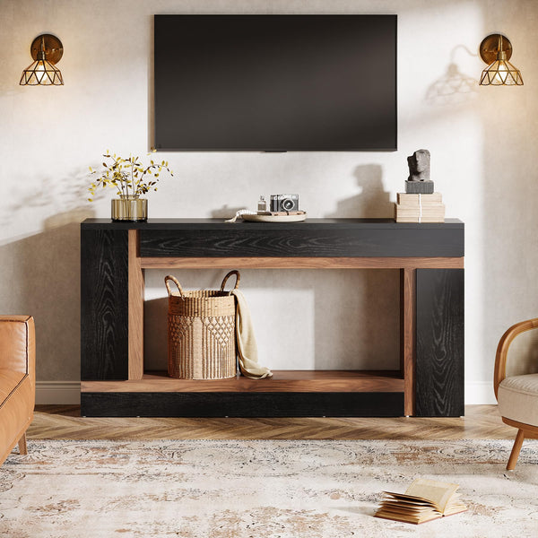 63-Inch 2-Tier Console Table – Black & Walnut
