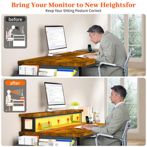 L-Shaped Office Desk with Drawers, Monitor Stand & Power Outlets