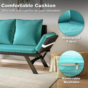 Outdoor Convertible Wicker Loveseat with Adjustable Armrests & Cushions