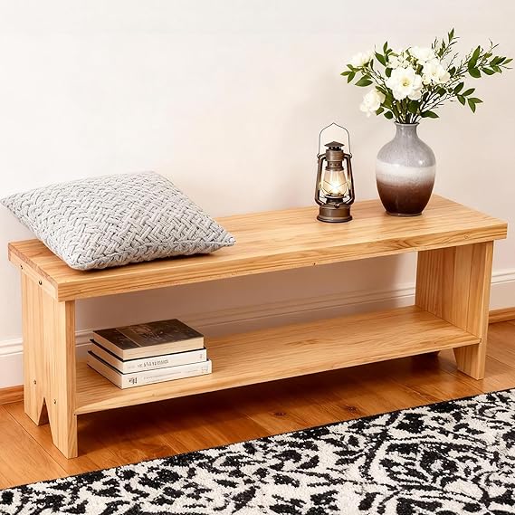 43" Solid Wood Farmhouse Entryway Bench with Storage Shelf