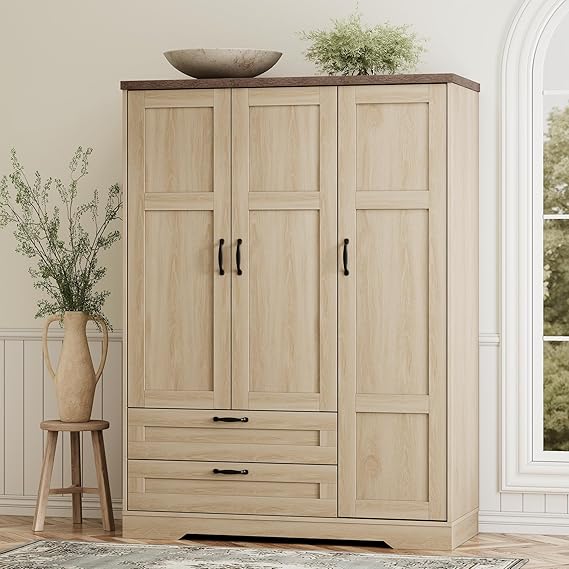 3-Door Wardrobe with Mirror, Drawers & Hanging Rod