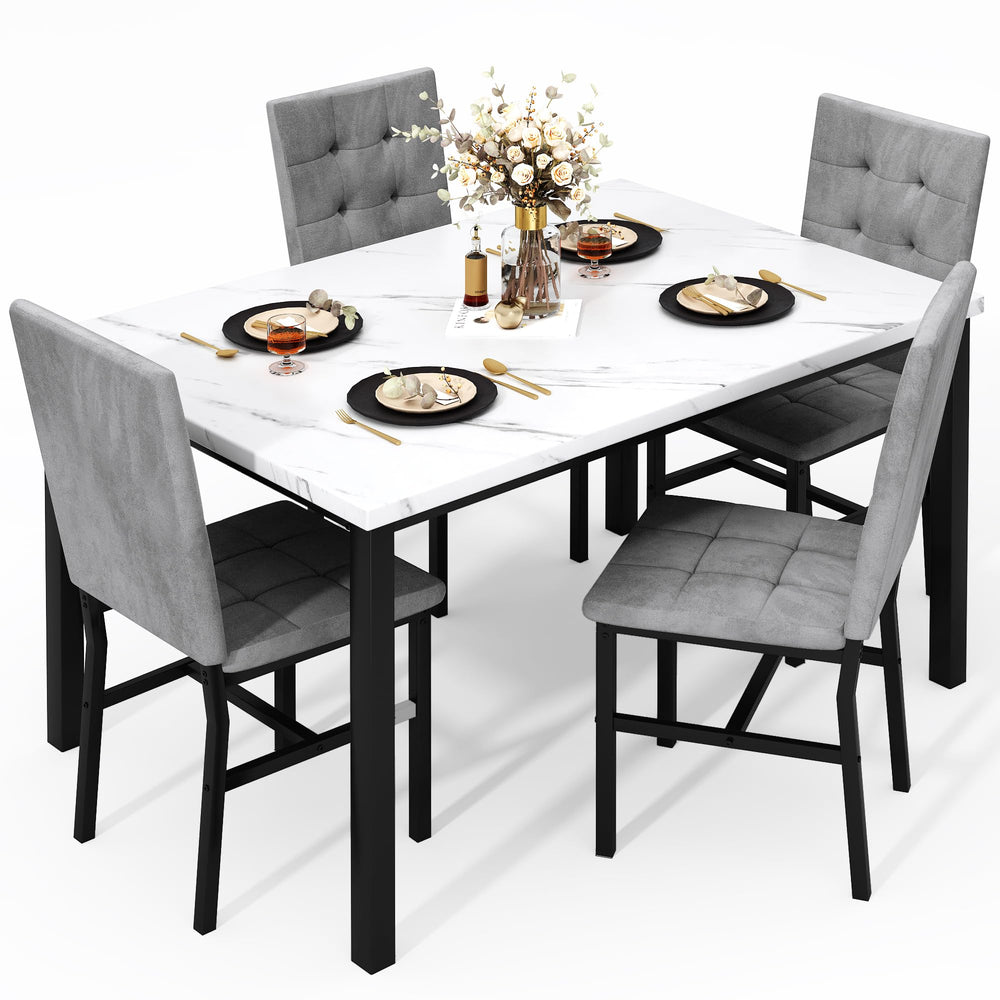 Faux Marble Dining Table Set for 4 with Velvet Chairs