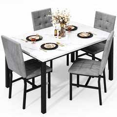 Faux Marble Dining Table Set for 4 with Velvet Chairs