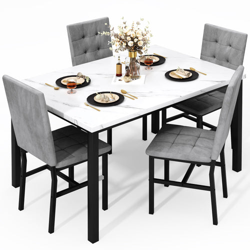 Faux Marble Dining Table Set for 4 with Velvet Chairs
