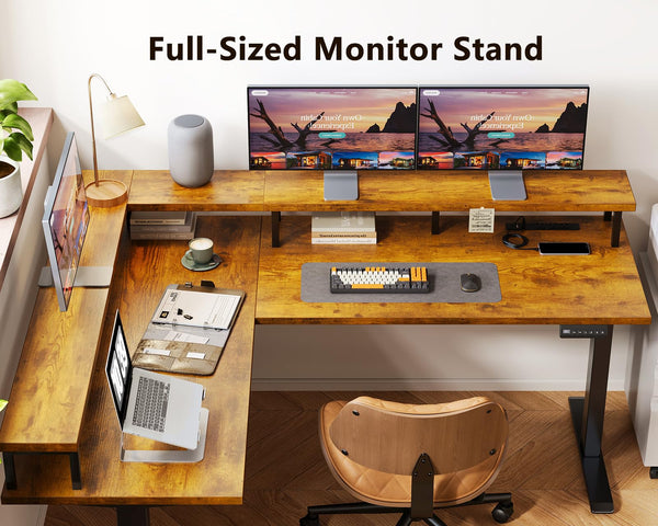 L-Shaped Electric Standing Desk 59 Inch with Monitor Shelf & Power Outlets