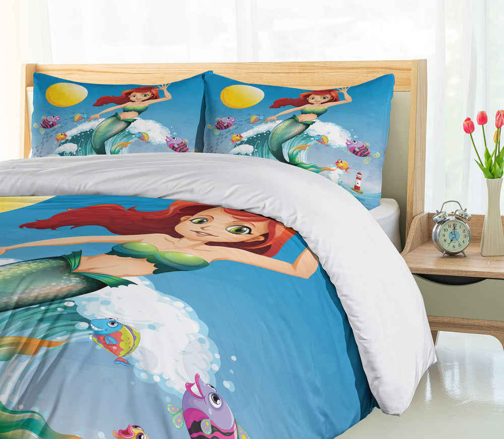 Queen Mermaid Duvet Cover Set – 3-Piece Microfiber Bedding, Yellow Blue Green