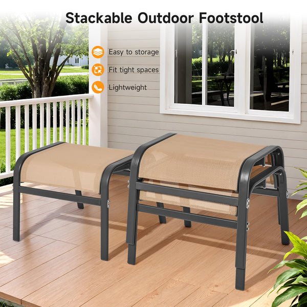 Outdoor Ottoman Set of 2 – Stackable Patio Foot Stool with Textilene & Metal Frame