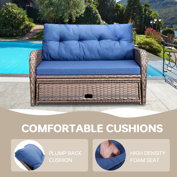 Outdoor Wicker Recliner Daybed Loveseat with Stowable Side Trays
