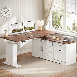 L-Shaped Standing Desk with Storage Drawers & Power Outlets
