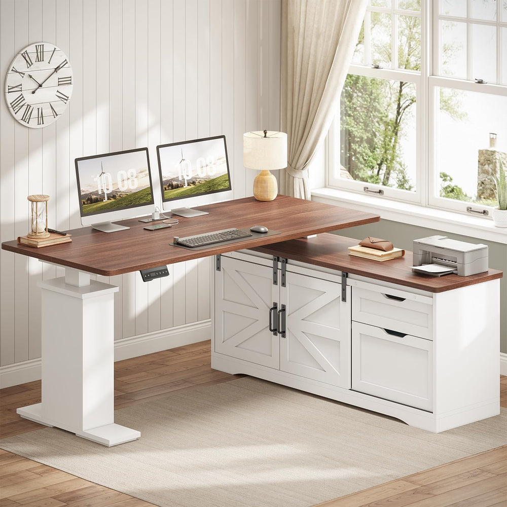 55 Inch L-Shaped Electric Standing Desk with Storage Drawers, File Cabinet & Power Outlets