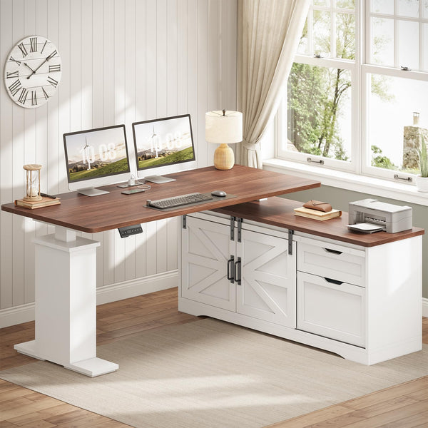 L-Shaped Height Adjustable Standing Desk with Storage & Power Outlets