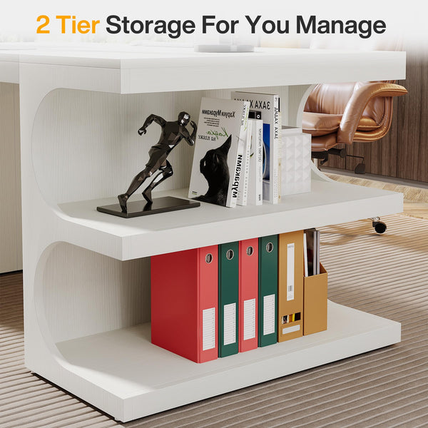 63-Inch White Executive Office Desk with Storage Shelves