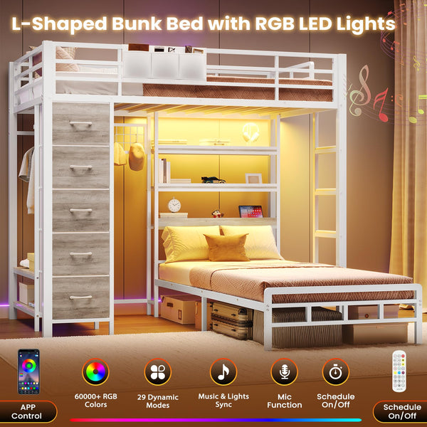 L-Shaped Metal Bunk Bed Twin Over Twin with Storage Drawers, Charging Station & LED Lights
