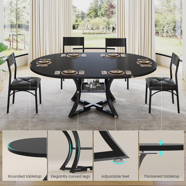 Expandable Round Dining Table Set for 4-8 – 5-Piece with Cushion Chairs