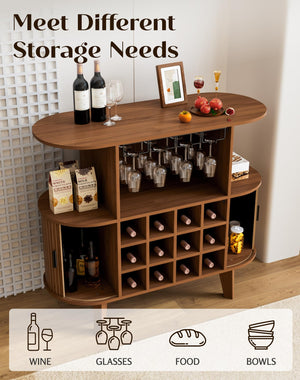 Wine Bar Cabinet with Sliding Tambour Door, Glass Shelves & 12 Wine Racks