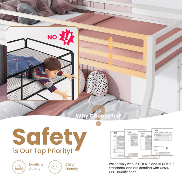 Twin Over Full Metal Bunk Bed with Ladder and Guardrail