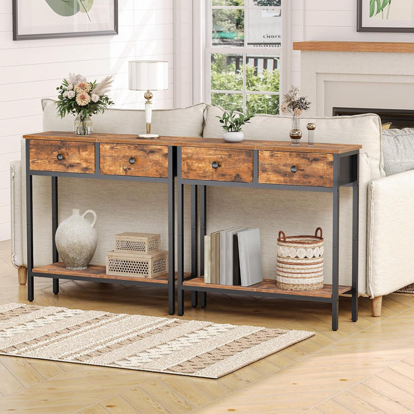 Narrow Console Table with 2 Fabric Drawers & 2-Tier Storage Shelves