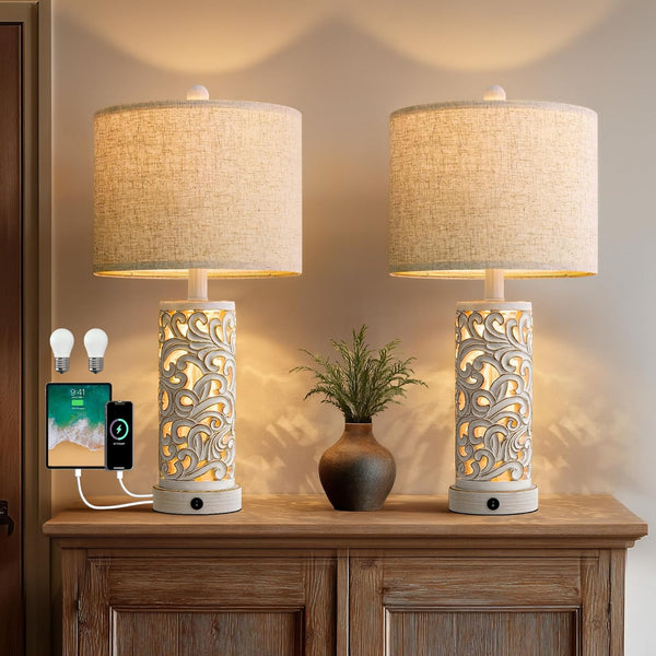 22" Dual Light Table Lamps Set of 2 with USB Charging & Touch Dimmer
