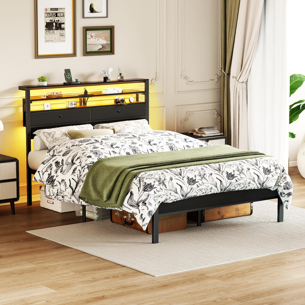 Full Size Platform Bed Frame with LED Lights, Charging Station & Storage Drawers