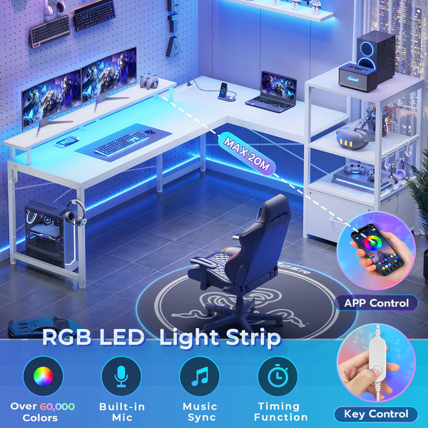 L-Shaped Corner Desk with Storage, LED Lights & Power Outlet