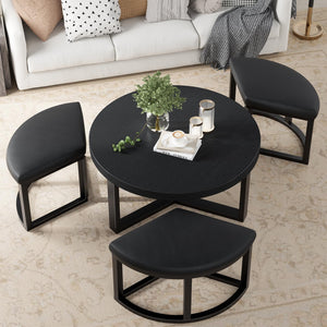 Round Coffee Table Set with 3 Nesting Stools — 30 Inch Modern Black